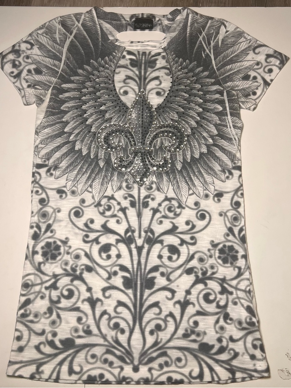 Daytrip White & Grey Fleur Wing Graphic Tee with Stud Accents